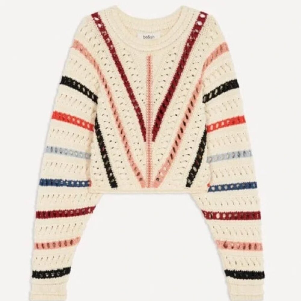 ba&sh Cream Cropped Open-Knit Sweater with Multicolor Stripes